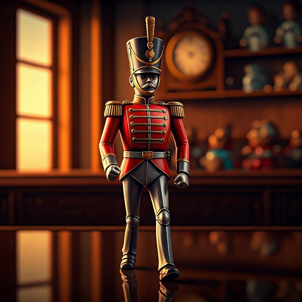 A solitary tin soldier, meticulously crafted with a polished...