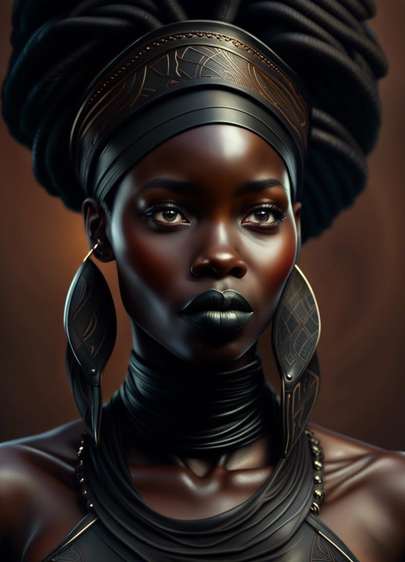 full face portrait african black godess wearing leather - AI Generated ...