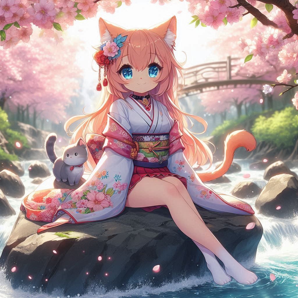 Cat girl enjoys the river by artist DOOFY