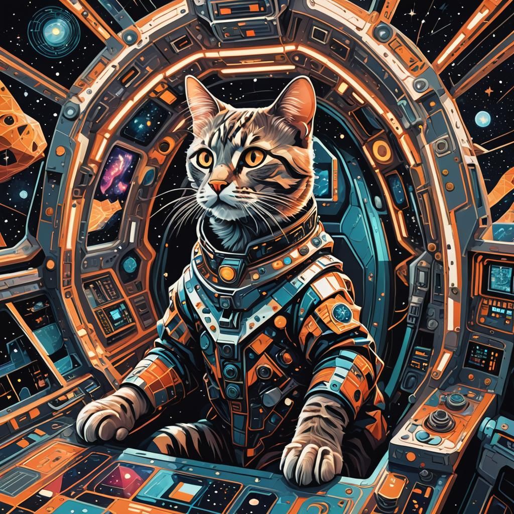 Cat in Spaceship Cockpit with Fractal Art