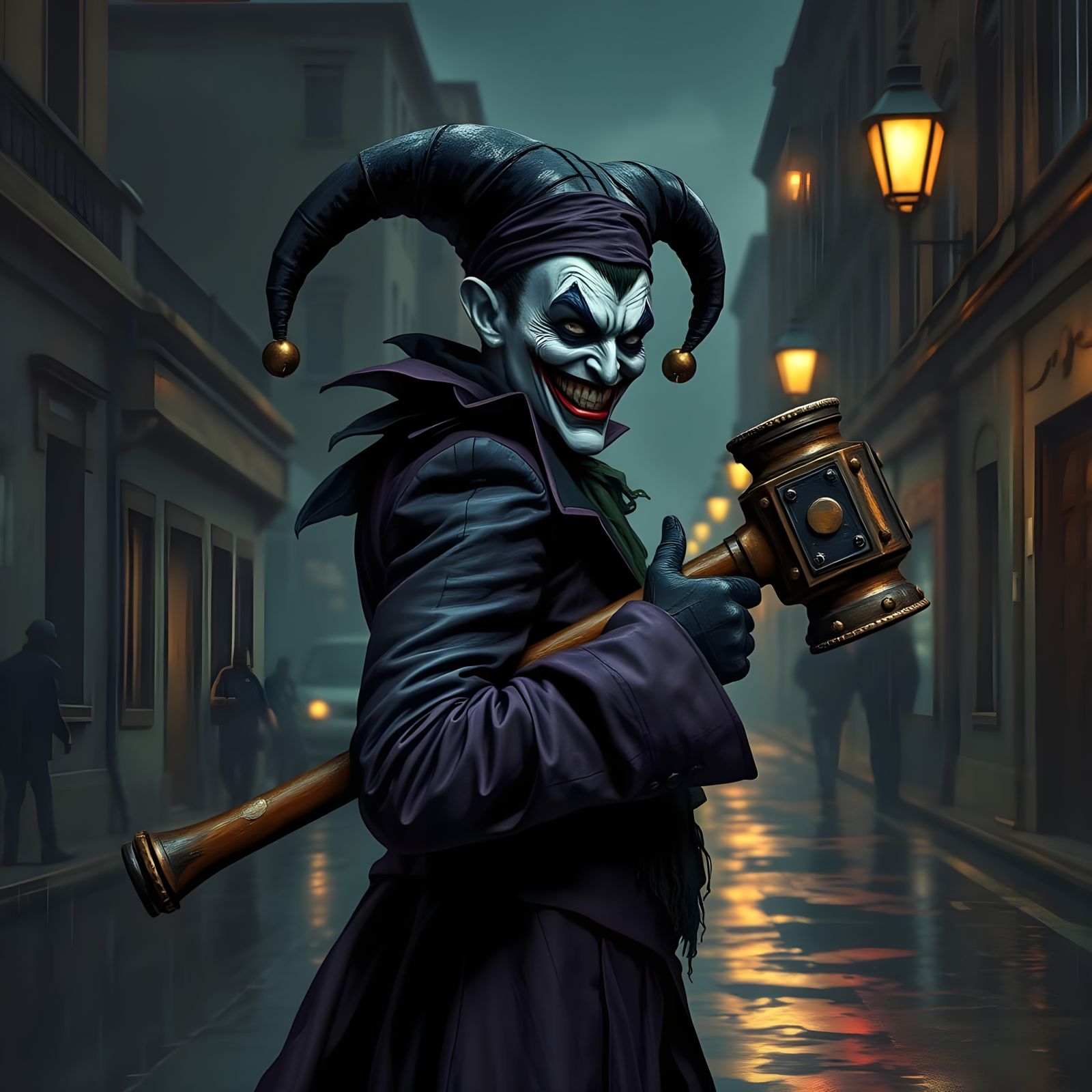 Dark Joker in Steampunk Motley, Beside Rain-Soaked City Stre...