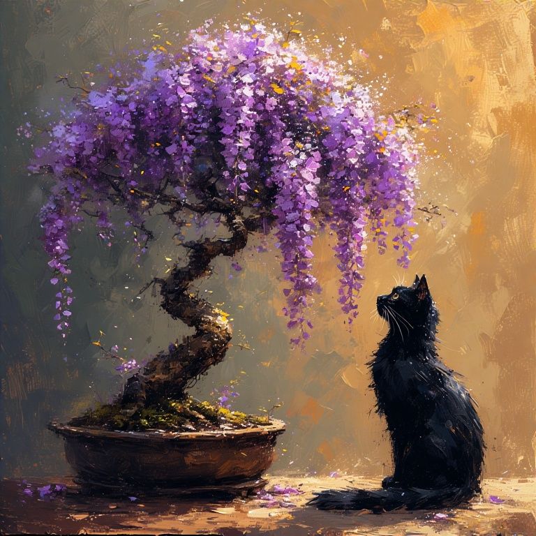 Black cat with wisteria bonsai