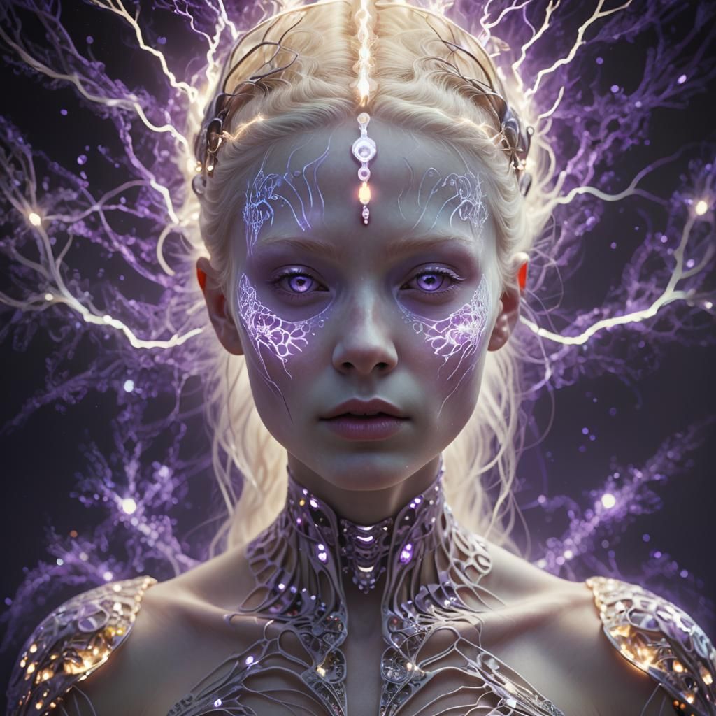 Albino beautiful princess with electricity howling through her facial bones , surrealism , introspective 