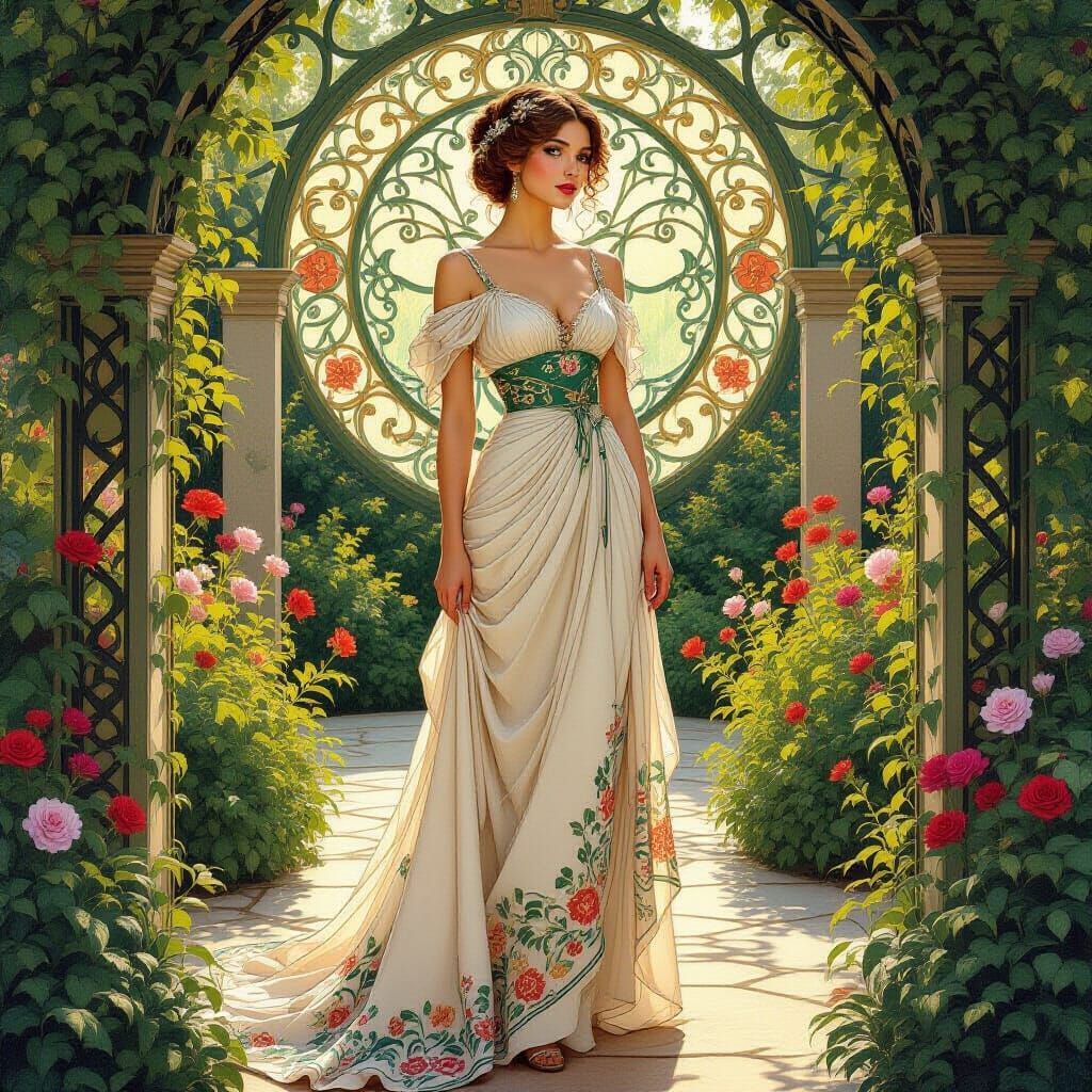 Elegant Woman in Garden, Art Nouveau Style