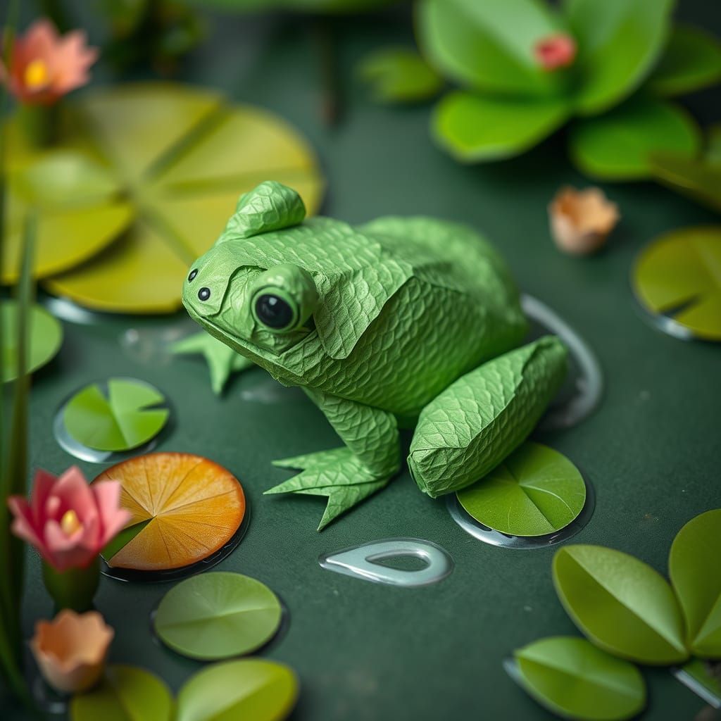 Textured Origami Frog in an origami pond and origami fauna 