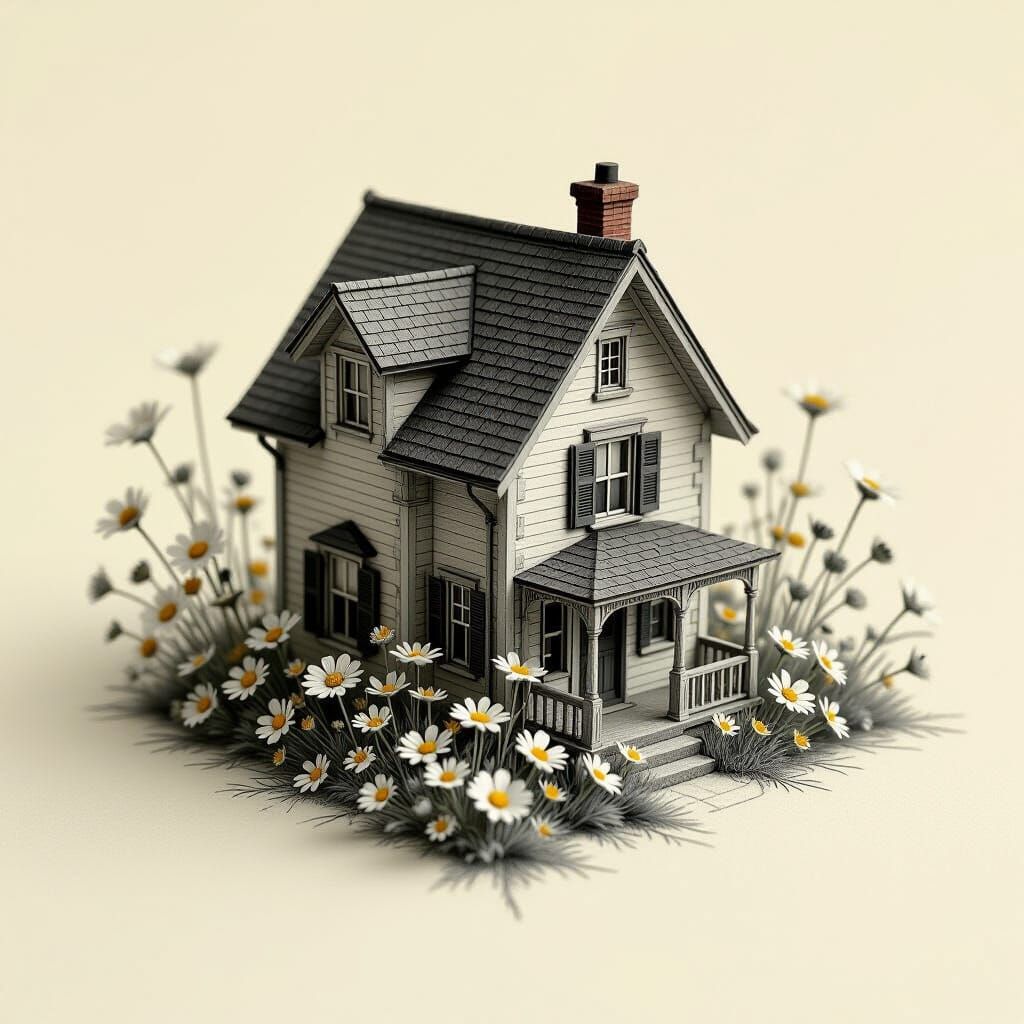 Hyperrealistic Miniature House Illustration on Cream Paper