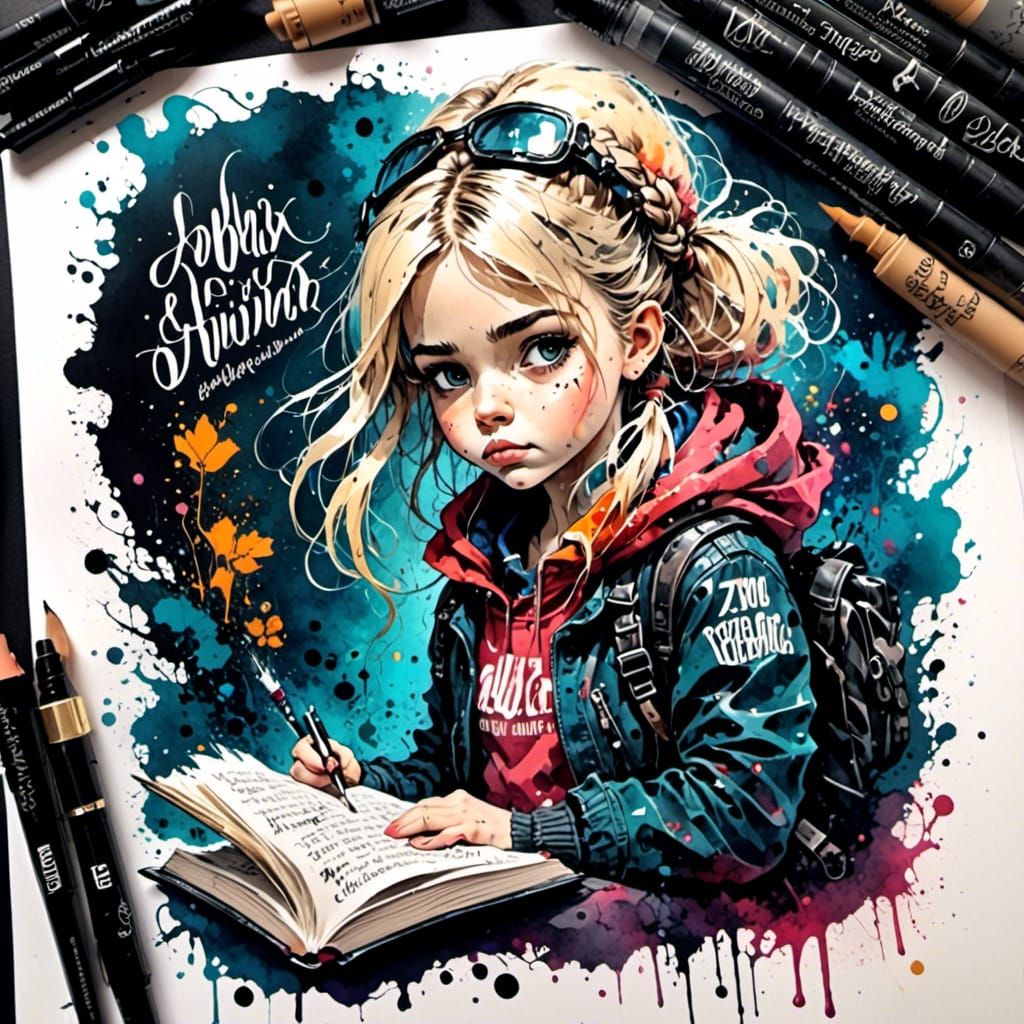 <lora:ExB Lettering:1.2> <lora:Unreal InkArchive XL:0.7> calligraphic ink lettering :: Extremely detailed portrait of an endearing school-st...