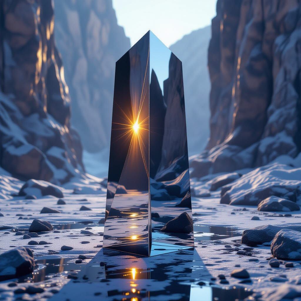 Polished metal monolith with refraction.