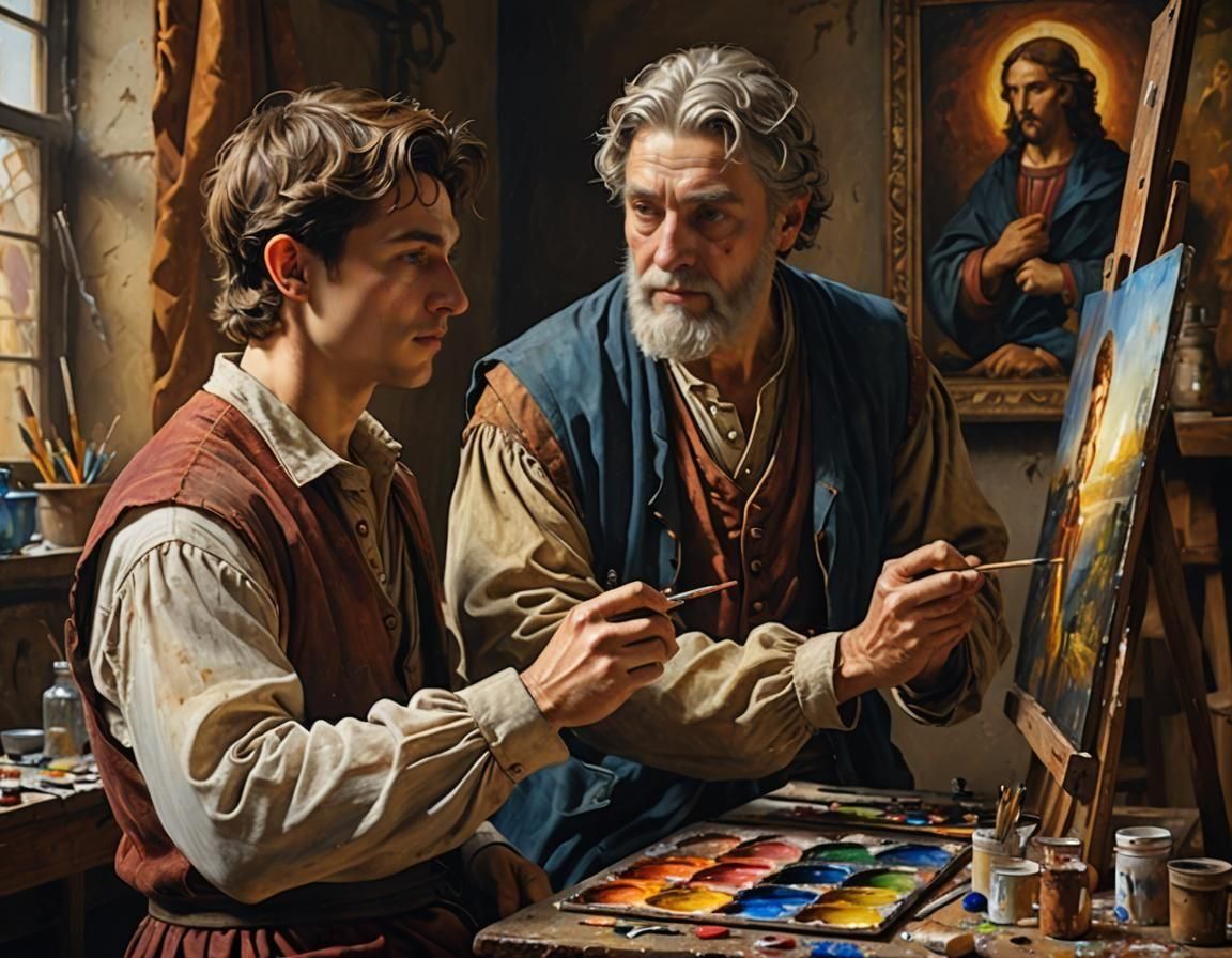 Old renaissance painting master teaches a young  apprentice how to paint in the studio Hyperrealistic, ...  by @Runway Lights 