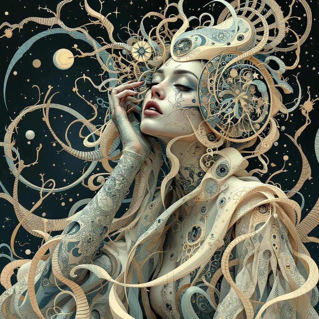 an abstract lady in cream and pale blue, with a whimsical and surreal art style, incorporating dark fantasy ...  by @James Silvers