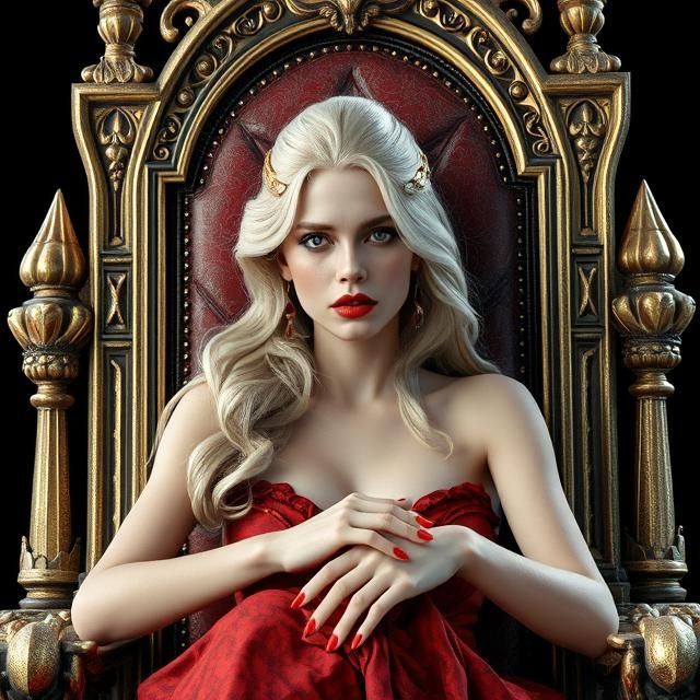 A blonde young woman with a lot of red lipstick and nail pol...