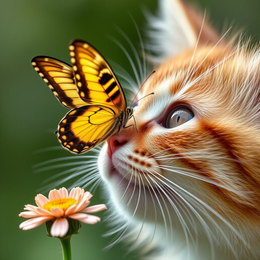 Butterfly lands on kittens nose  by @DreamWeaver