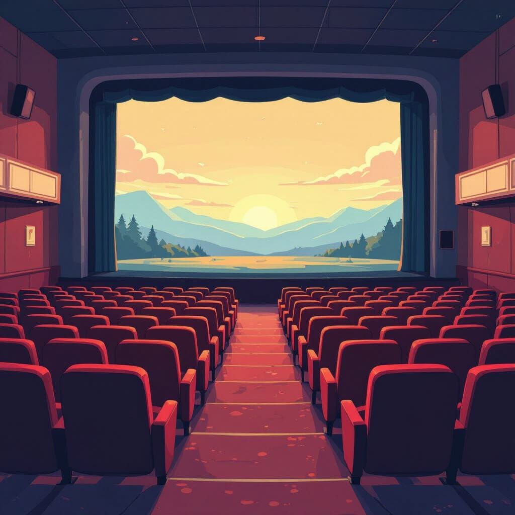 Animated style, a empty movie theater from the back perspective of the first 5 rows 