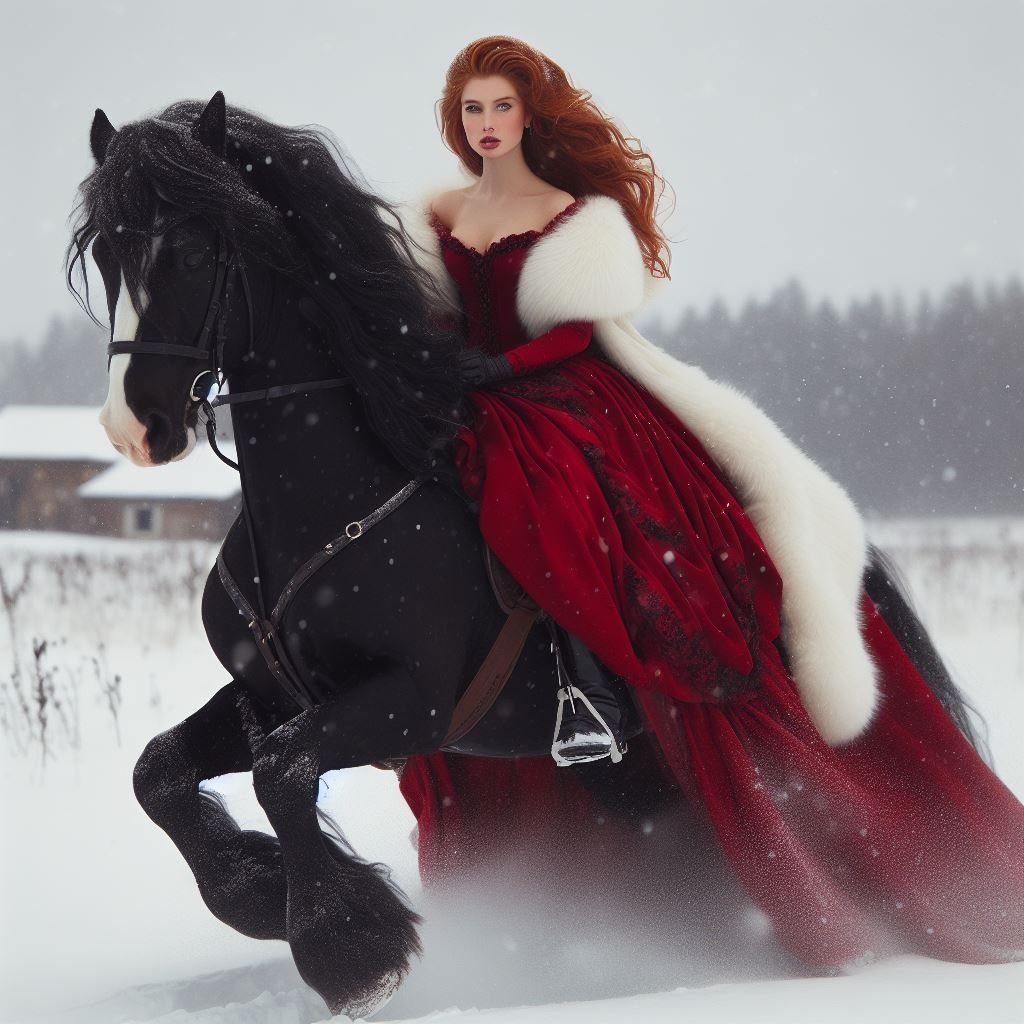 Red Beauty on a Horse in the Snow
