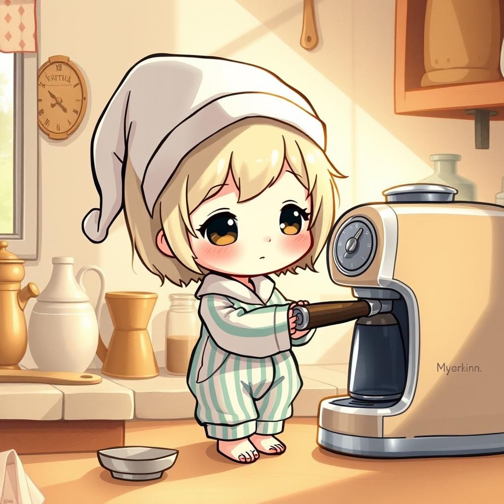 Adorable chibi in pajamas and a night hat making coffee half...
