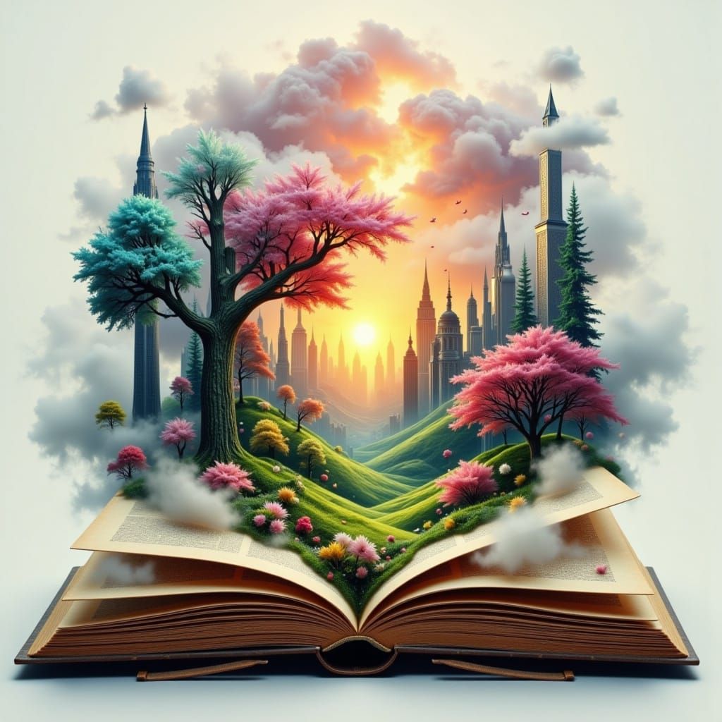  <lora:DoubleExposure:1.0> double exposure: a storybook opening into a vibrant, colourful a fairytale world from a black and white cityscape