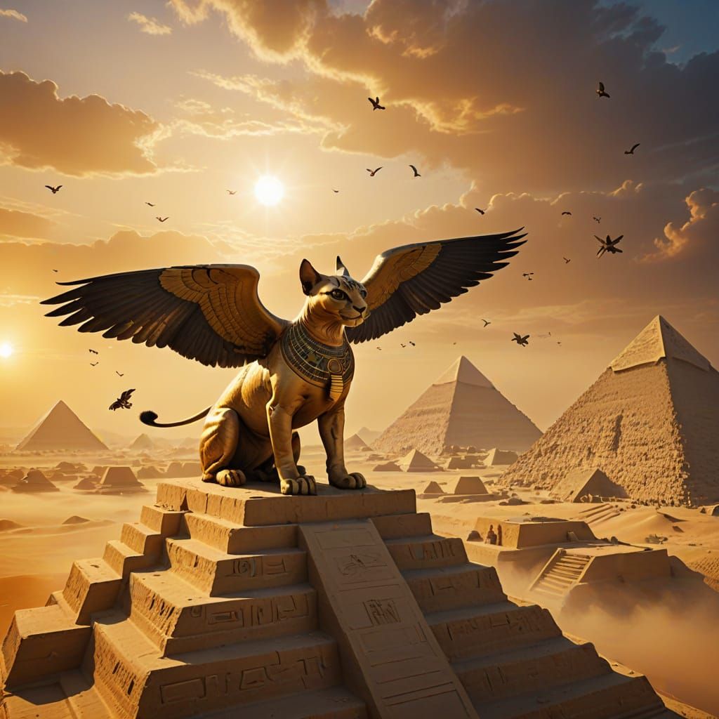 Whimsical Fantasy Egyptian Sphinx in Majestic Gold... - AI Art