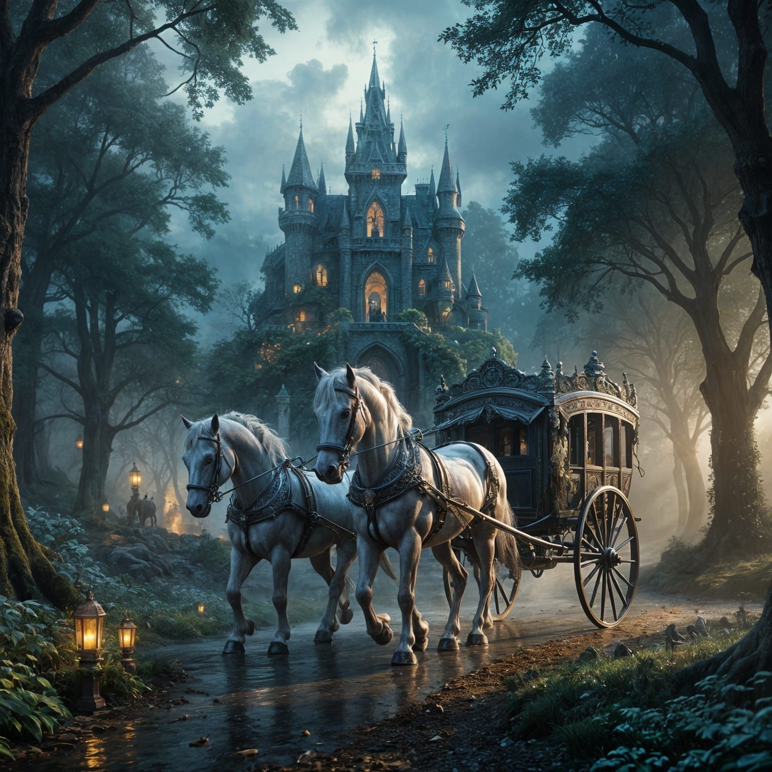 Antique Horse Carriage Before Elven Castle