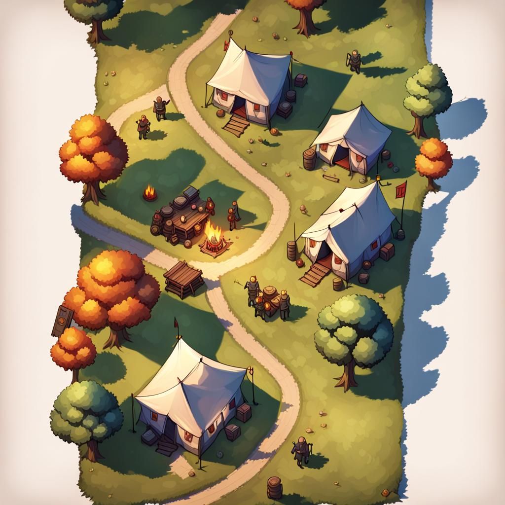 aerial view, battle map, medieval RPG art, road, caravan cam...