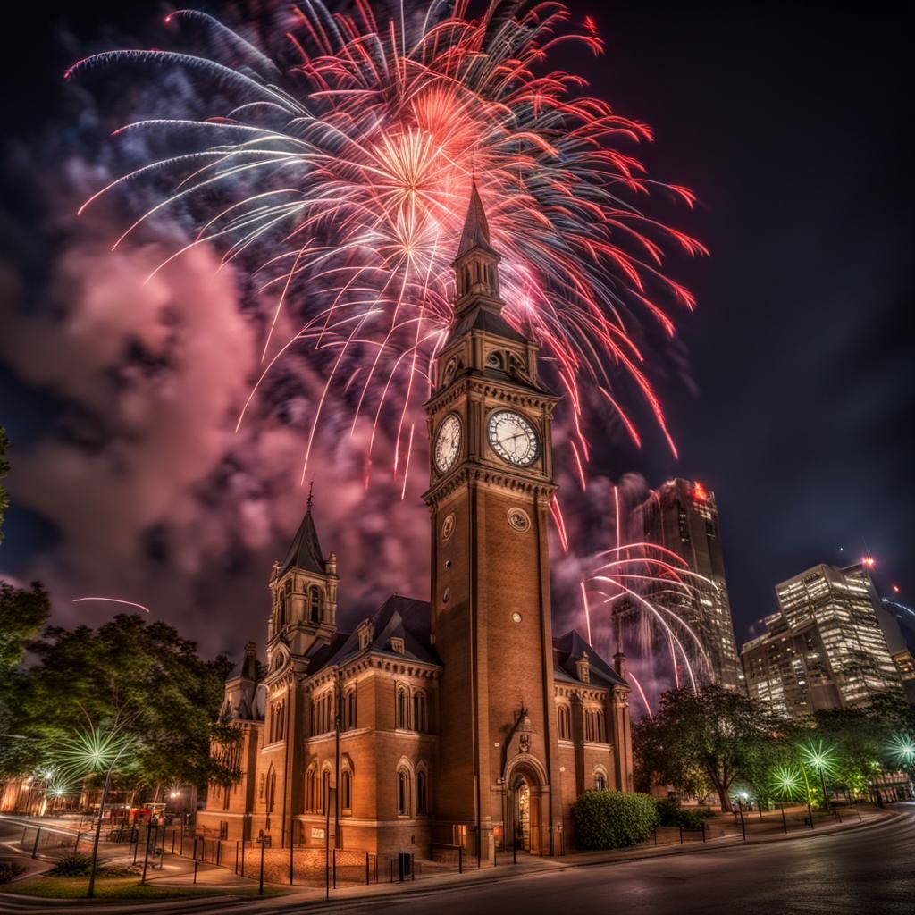 as the clock tower strikes midnight, the fireworks overhead go off spraying the evening sky in brilliant ...  by @KRoseCarol