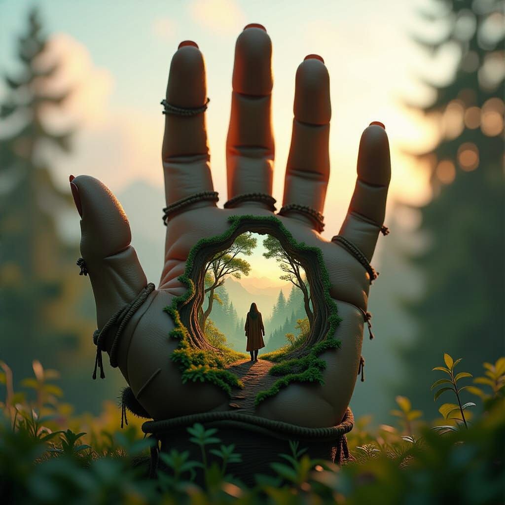 Earthy Giant Hand Merged with Miniature World