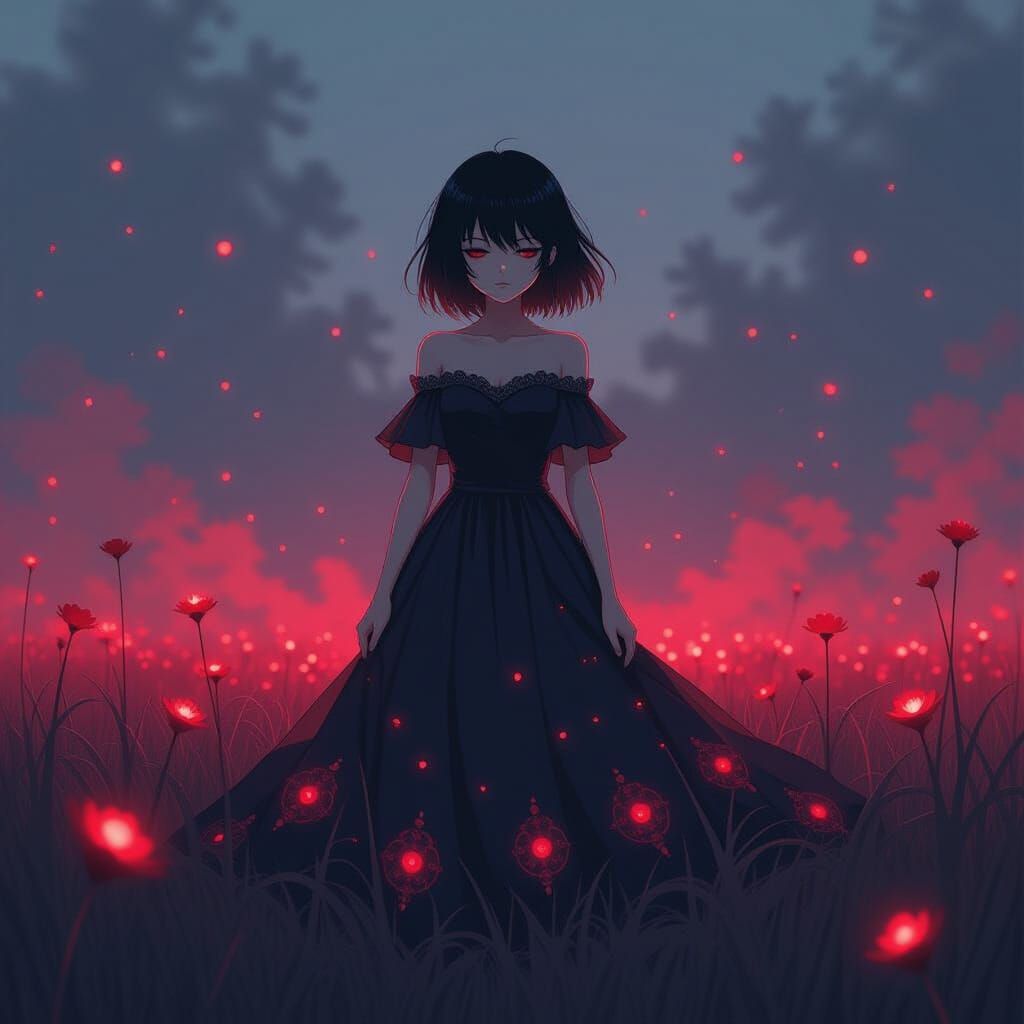 Melancholic Anime Girl in a Glowing Field