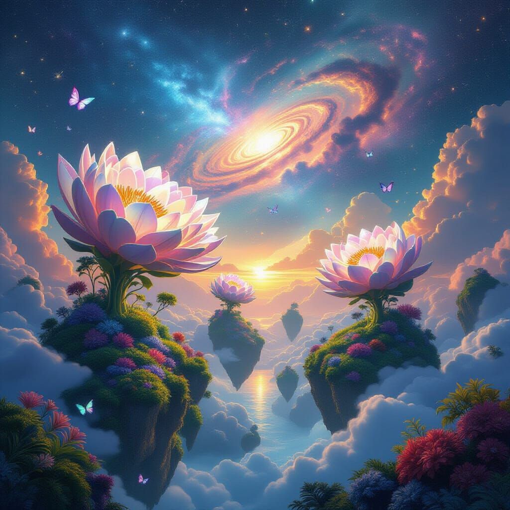 a surreal scene featuring giant flowers sprouting from floating islands with an interesting blend of ...  by @R Dean Reynolds