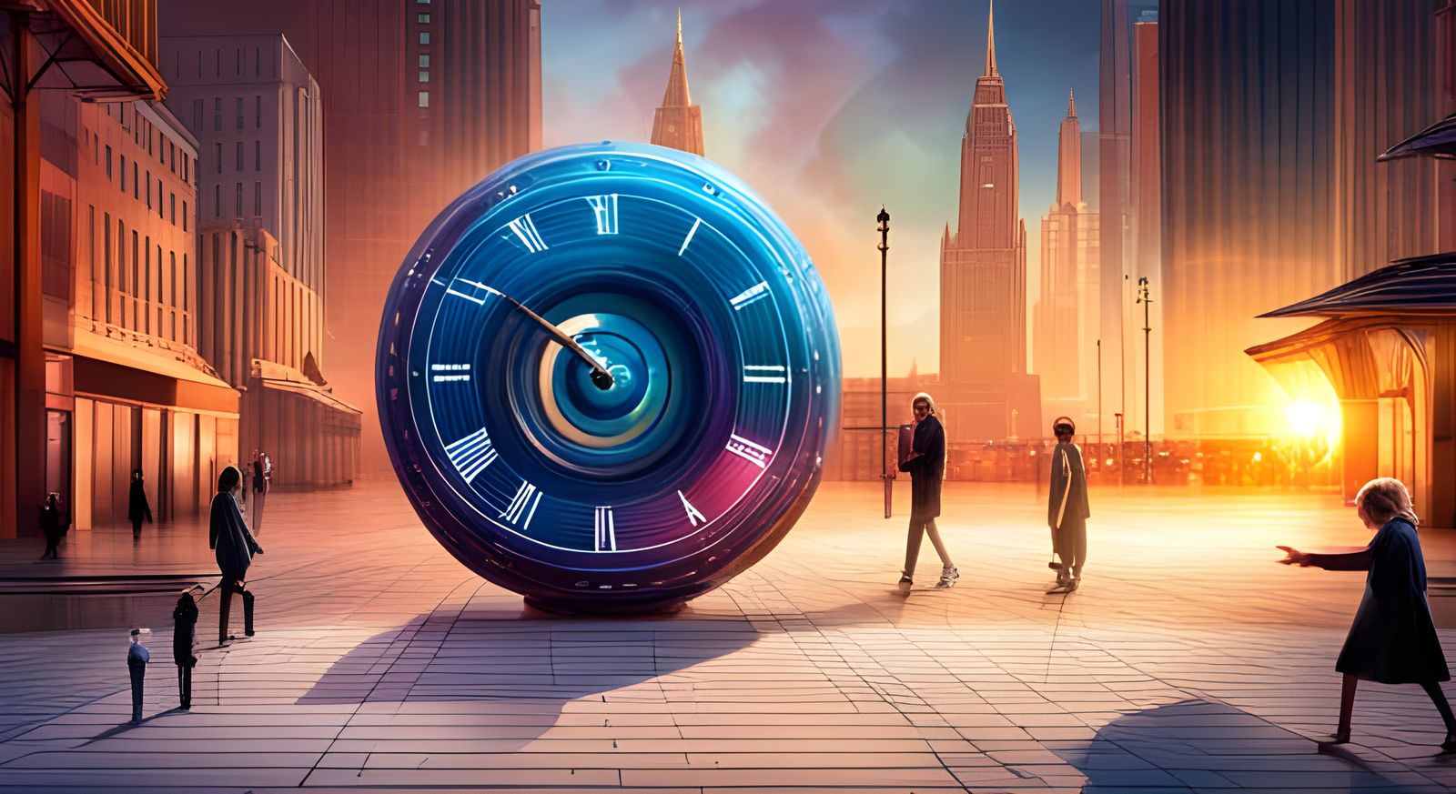 A giant colorful magical clock that can tell the future, with hands that move in strange and