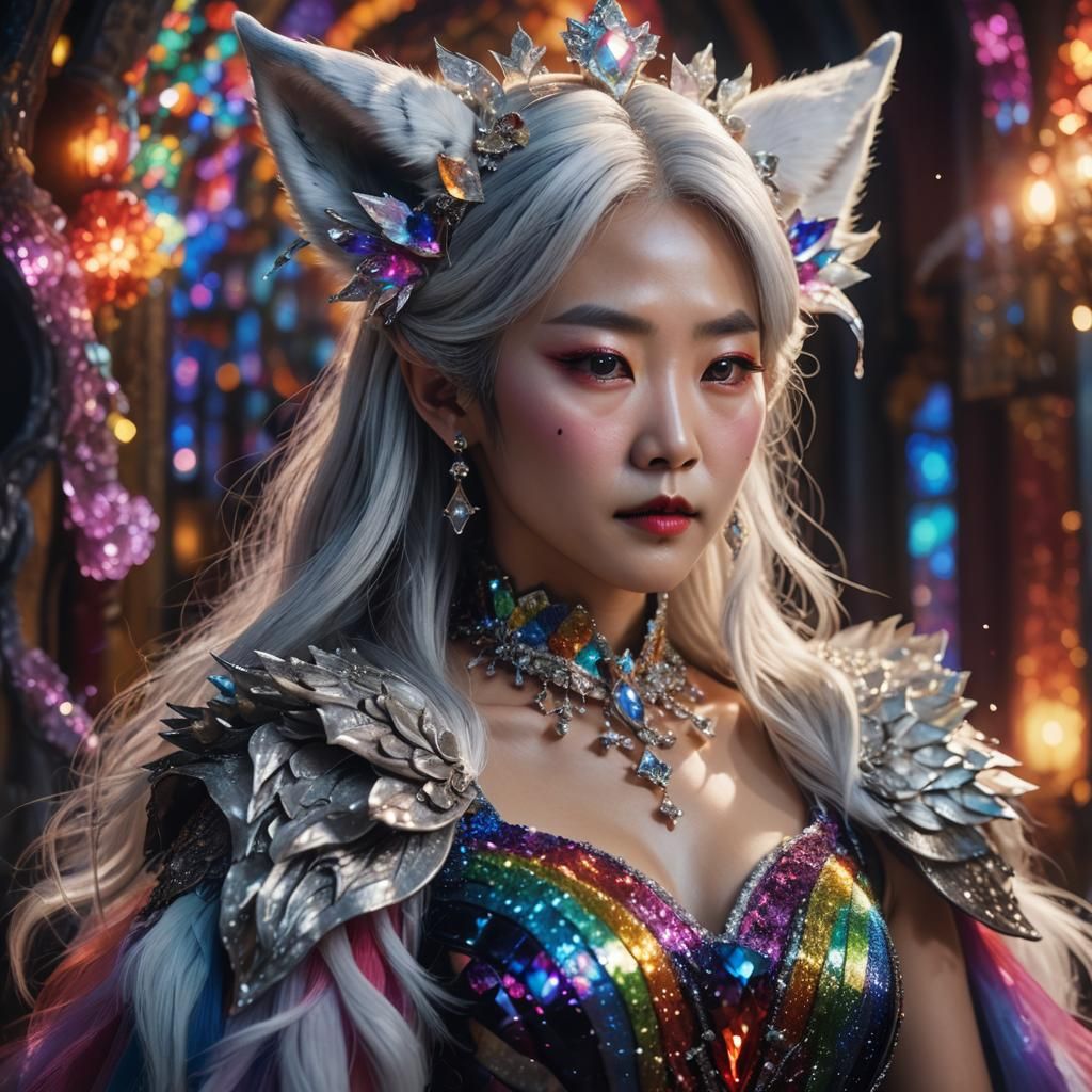 korean lady silver hair rainbow dress rainbow crystals white...