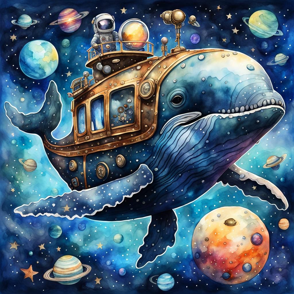 Stunning watercolor illustration  Close-up: cute pixar-styled  steampunk humpback whale  in outer space. ...  by @Jano