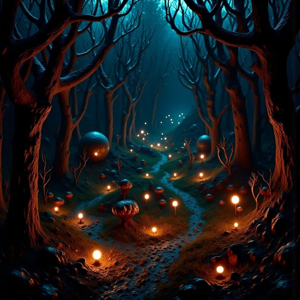  <lora:3D Mapper:1.0> 3D mapping of an awe-inspiring halloween forest filled with scary things