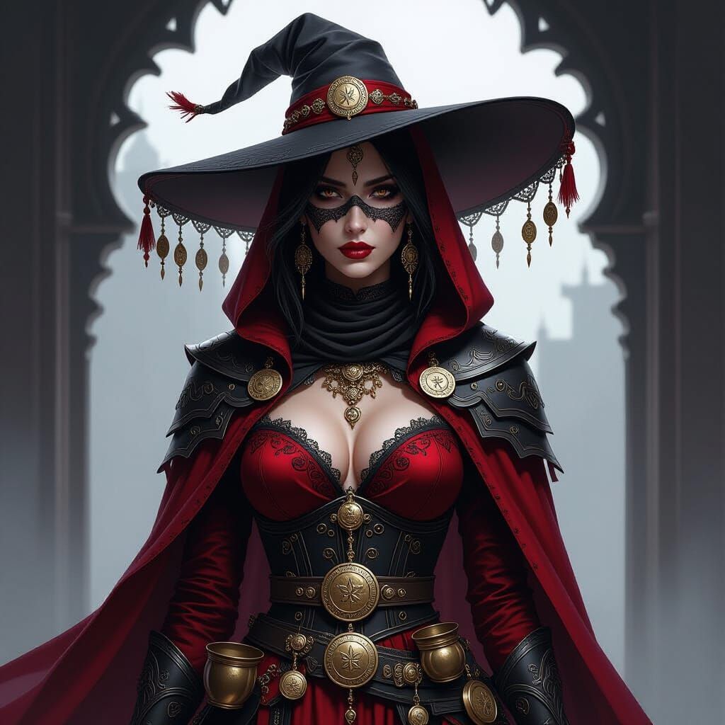 A beautiful gothic knight woman in a crimson and black flowing armored robe, 1
