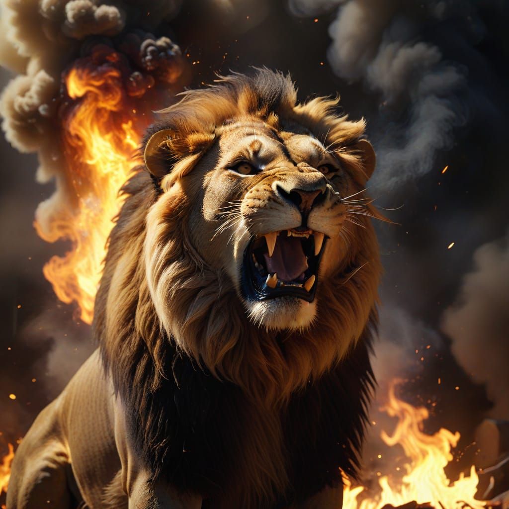 Lion Roaring in Fire and Smoke, Cinematic Still