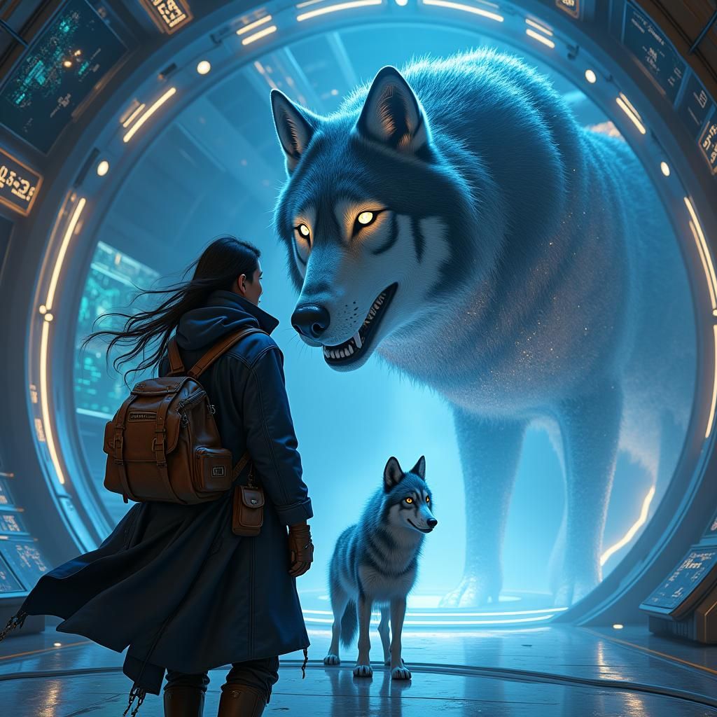 A futuristic character stands in a sleek, technologically advanced space station, illuminated by dim blue lighting and the glow of holograph...