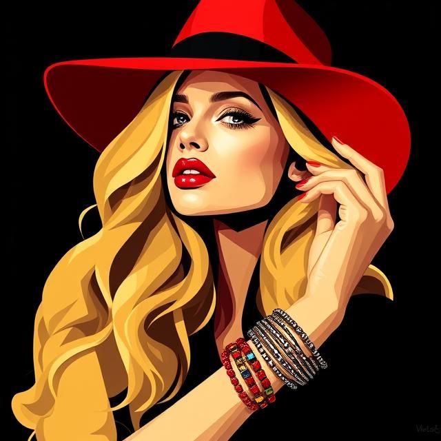 A beautiful woman with long wavy blonde hair and bright red ...