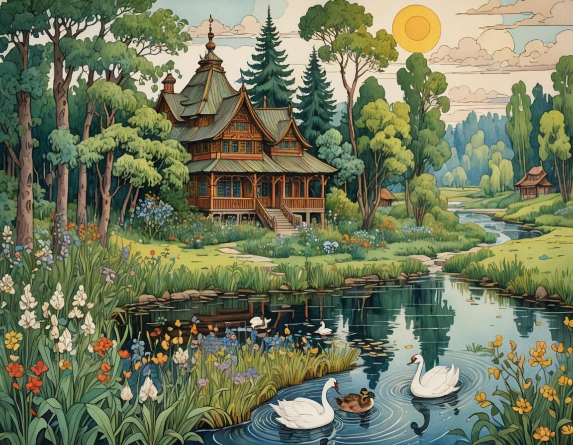 Russian Palace with Swans in Watercolor Style