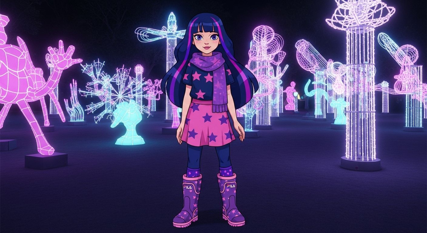 A cartoon girl visiting a night time open-air illuminated ar...