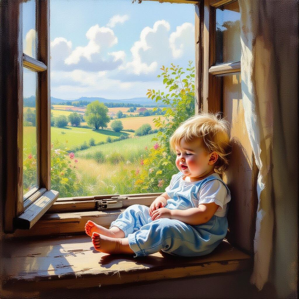 Painting of a Crying Baby by an Open Window