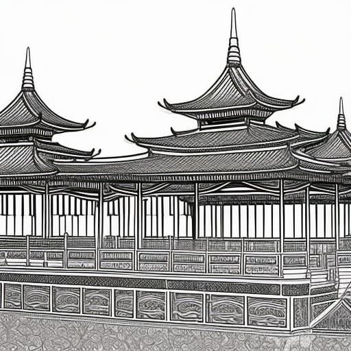 Twin Chinese Buddhist Pagodas, in landscape, colouring book page ...