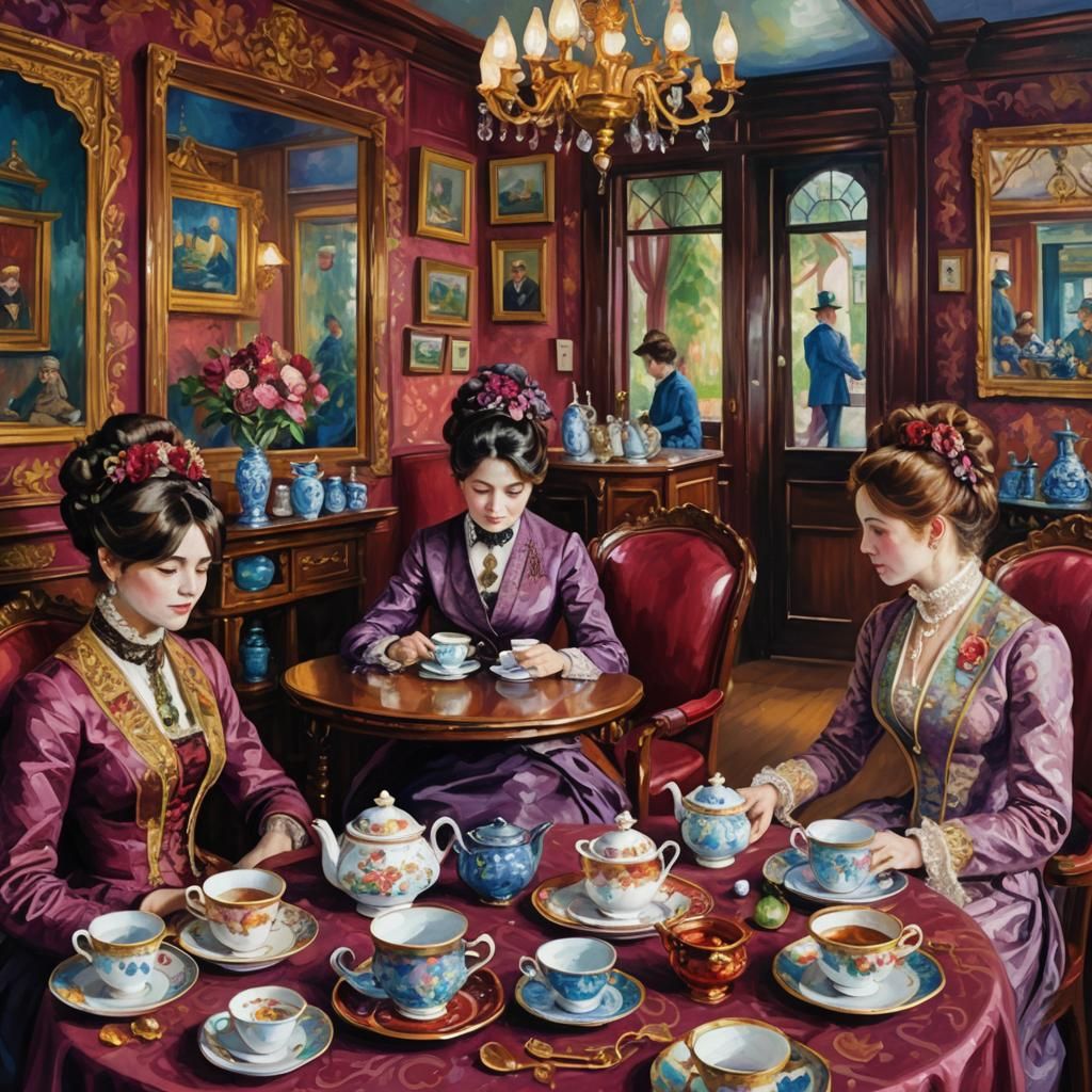 Beautiful customers in a victorian teahouse.