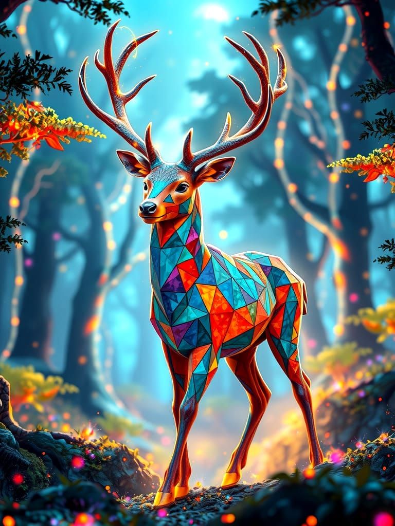 Bold shapes, vibrant colors, and unconventional designs set as a background. An enchanted deer with crystalline ...  by @Anthi