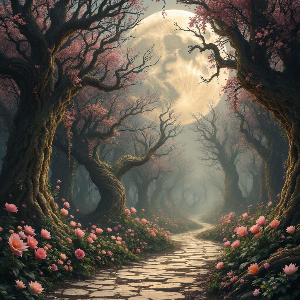 magical forest with moonflowers, mystic anthropomorphic trees, ominous large full moon, enticing path, insanely detailed and intricate hyper...
