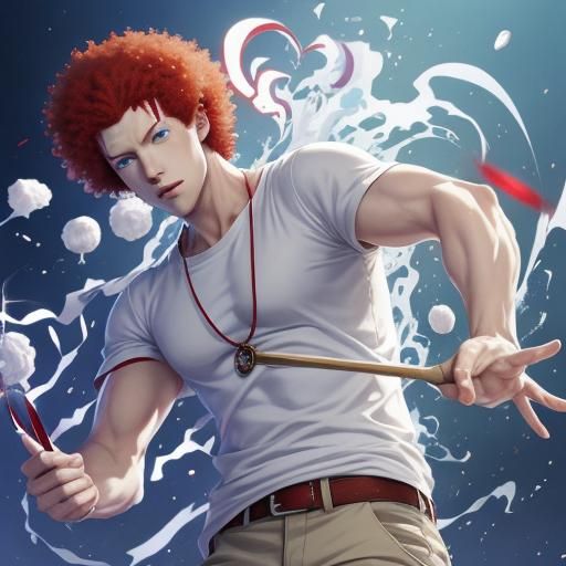 a young white man with a red fro and blue eyes wearing a whi...