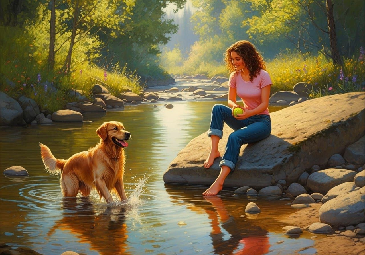 A slender young woman with wavy brown hair sits on a large rock at the edge of a wilderness creek. Wading and splashing in the water right b...