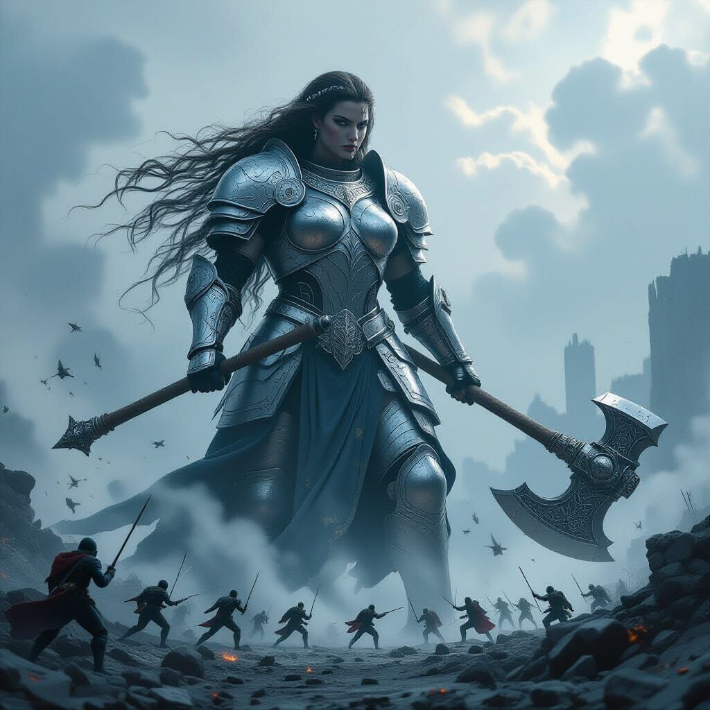 Use same image but let the giantess swing her weapons creating shockwaves and dust. Soldiers flying around from the impact