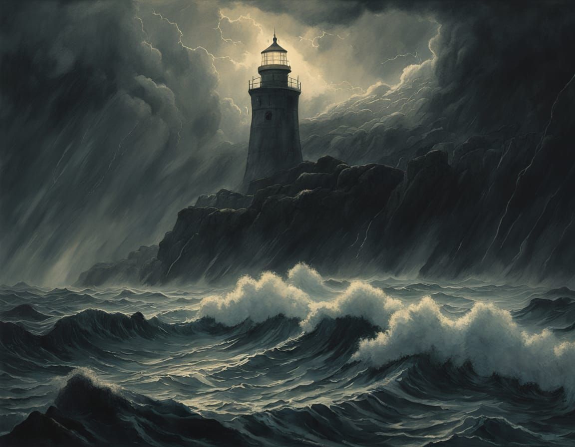 A cinematic image of a towering lighthouse standing firm in the middle of a violent storm on Lake Superior ...  by @SabreWulf