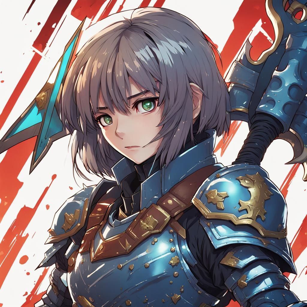 an anime character in full armour but with her face showing ...