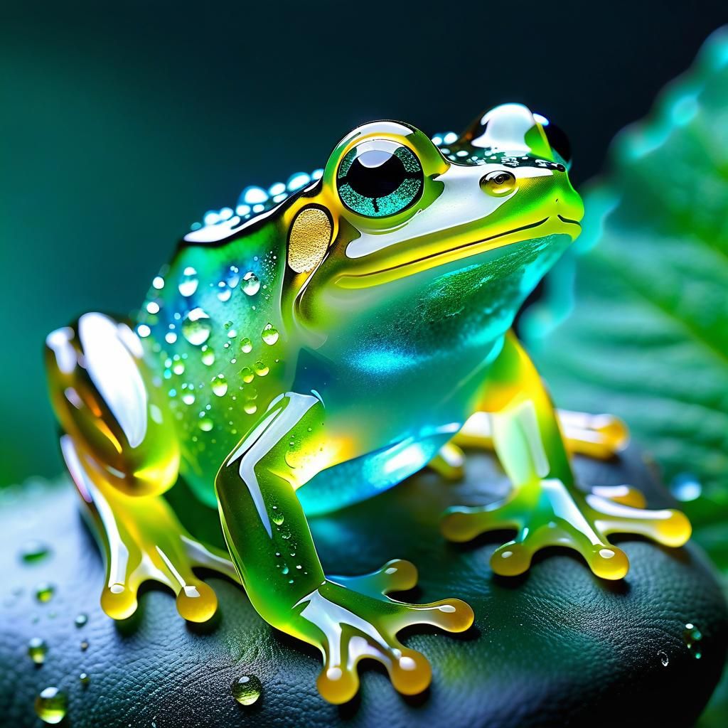 Extremely delicate (iridescent:3)  translucent blue green jadeite frog made of clear glass_background ...  by @Mapleaf100color