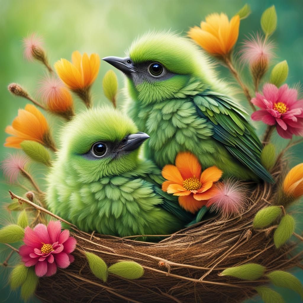 Baby Green Birds in the Nest  by @AI Art Tutorials