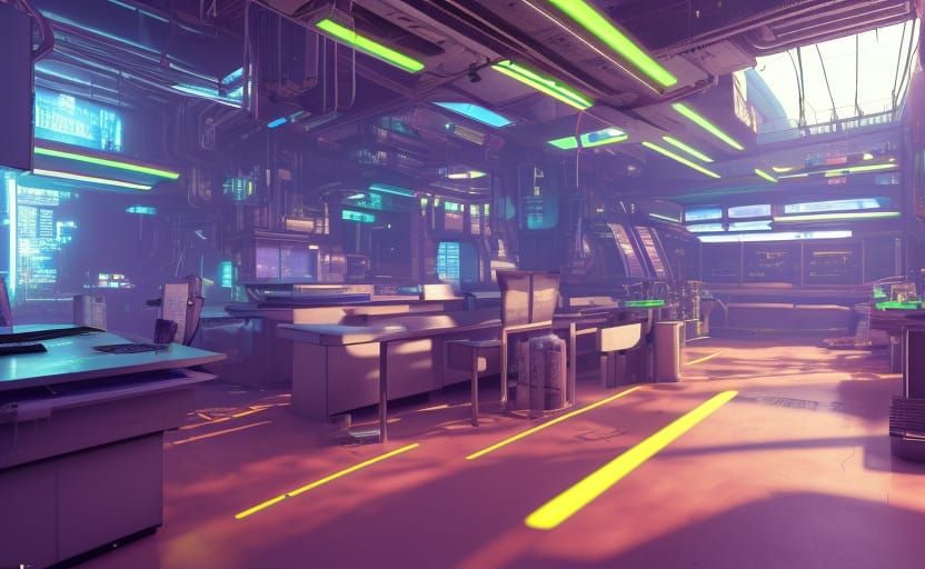 "A photo-realistic 3D rendering of a cyberpunk laboratory wi...